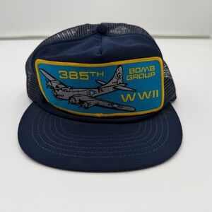 Vintage 385th Bomb Group WWII Mesh Trucker Hat Navy Blue Embroidered Plane